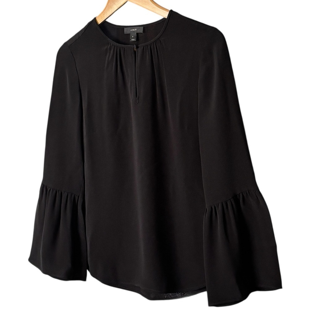 J.Crew 100% Silk Bell Sleeve Blouse Black Keyhole Career Size 0 - Picture 5 of 11